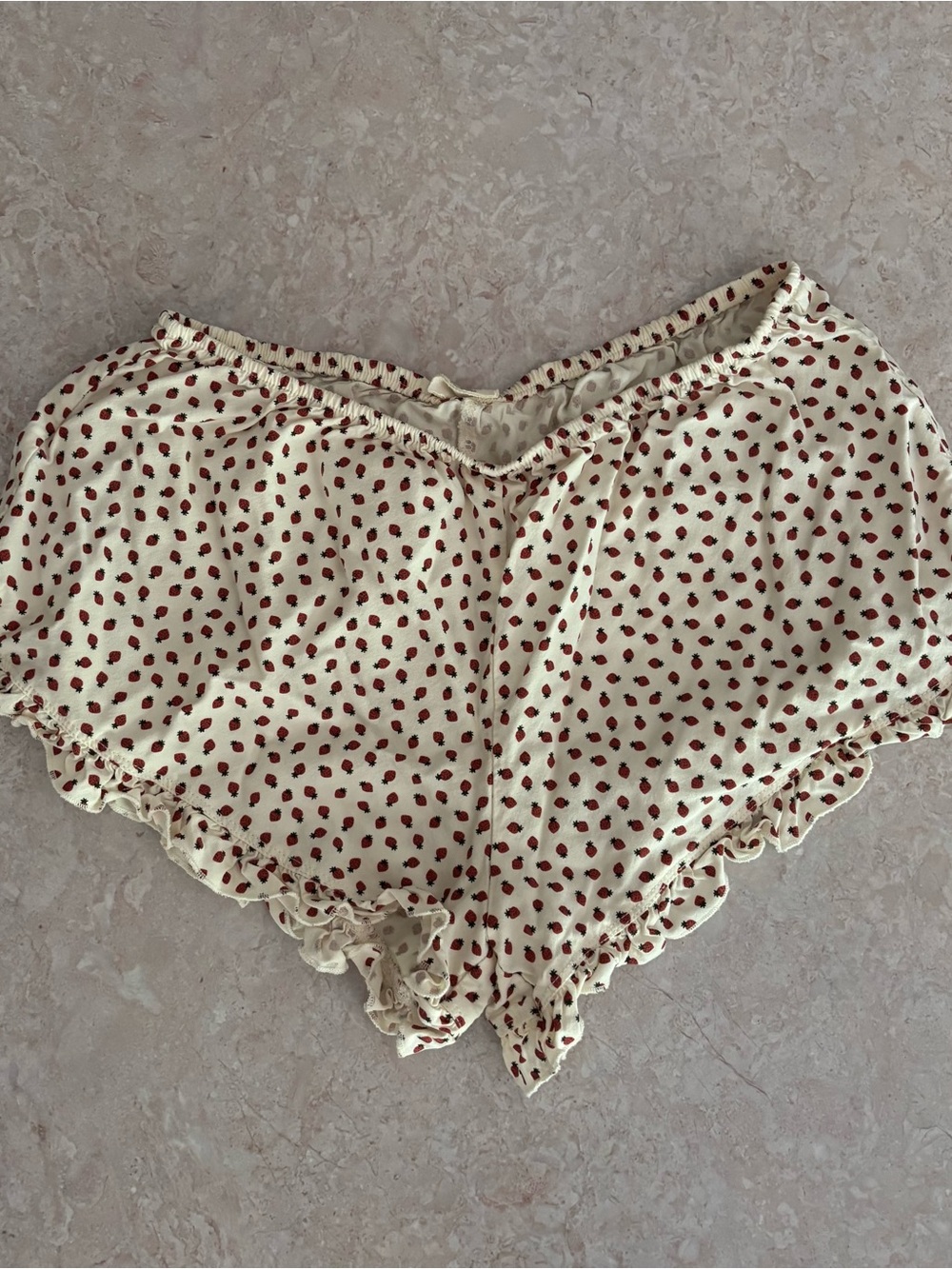 John Galt Cream Shorts with Red Strawberry Print and Ruffle Hem